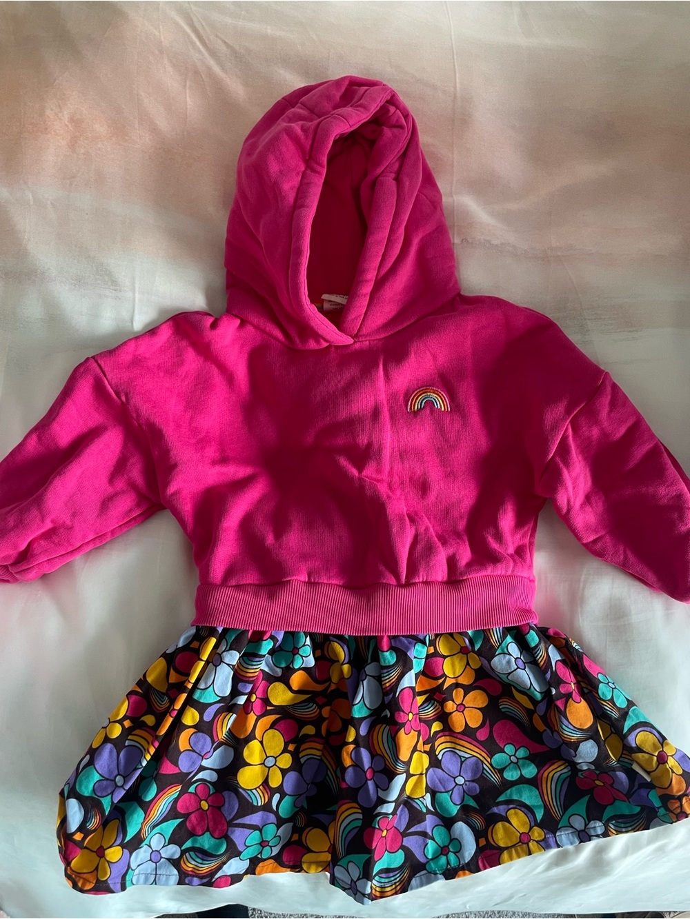 Girls' Hot Pink Hooded Dress with Rainbow Patch